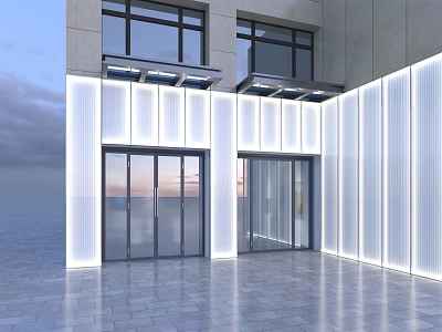 Modern Storefront Building Facade With Glass Doors Illuminated Light Strips And Gray Stone Exterior 3d model