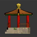 Cartoon Chinese Pavilion Scene With Orange Roof Golden Top And Red Pillars On Stone Steps