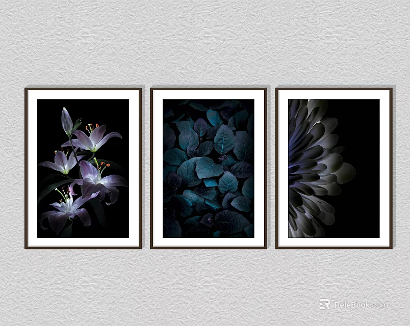 Three Framed Botanical Wall Art Featuring Purple Flowers Dark Green Leaves And Petal Details 3d model 