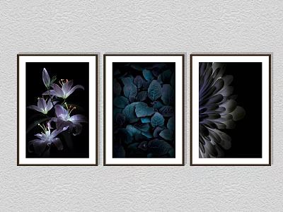Three Framed Botanical Wall Art Featuring Purple Flowers Dark Green Leaves And Petal Details 3d model