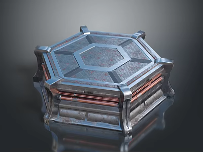 Modern Metallic Hexagonal Device Featuring Transparent Lid And Copper Silver Accents On Smooth Reflective Surface 3d model