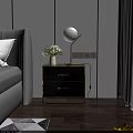 Modern Black Gold Nightstand With Drawers Table Lamp And Flower Vase Near Bed
