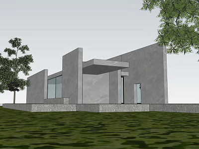 Modern Gray Exterior Single Family House With Large Glass Windows Overhang Lawn And Trees 3d model