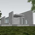 Modern Gray Exterior Single Family House With Large Glass Windows Overhang Lawn And Trees