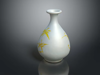 White Ceramic Vase With Yellow Bamboo Leaf Patterns On Dark Background With Reflection 3d model