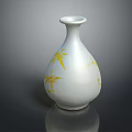 White Ceramic Vase With Yellow Bamboo Leaf Patterns On Dark Background With Reflection 3d model