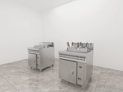 Stainless Steel Mobile Commercial Kitchen Appliances In White Room With Gray Tiled Floor 3d model