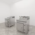 Stainless Steel Mobile Commercial Kitchen Appliances In White Room With Gray Tiled Floor