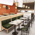 Bright Modern Japanese Restaurant Interior With Terrazzo Tables Rattan Chairs And Comfortable Green Booths