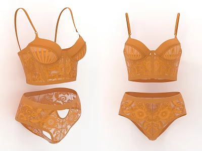 Elegant Orange Lace Lingerie Set with Bralette and Matching Intricate Pattern Panties 3d model