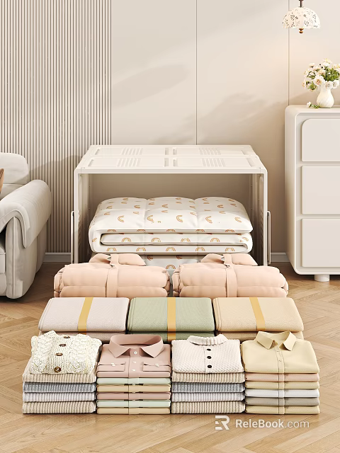 Cozy Folded Clothes With Pastel Color Fabrics And White Storage Rack 3d model 