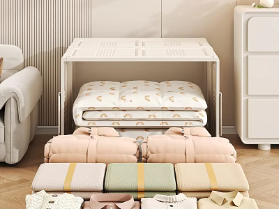 Cozy Folded Clothes With Pastel Color Fabrics And White Storage Rack 3d model