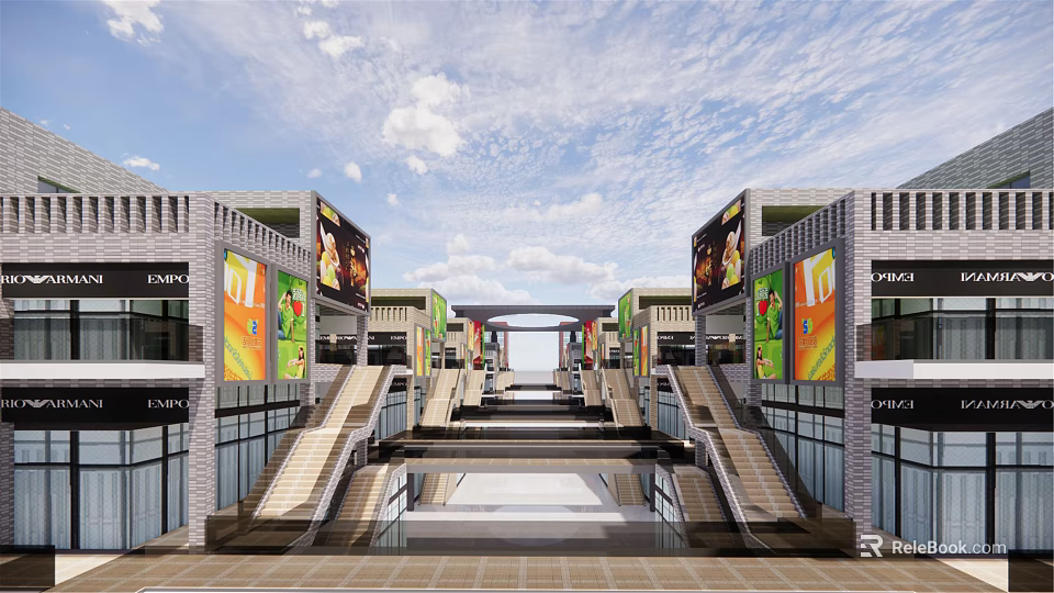 Modern Commercial Street With Glass Facades Storefronts Colorful Billboards And Pedestrian Walkway 3d model 