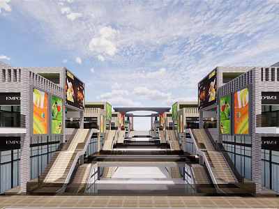 Modern Commercial Street With Glass Facades Storefronts Colorful Billboards And Pedestrian Walkway 3d model