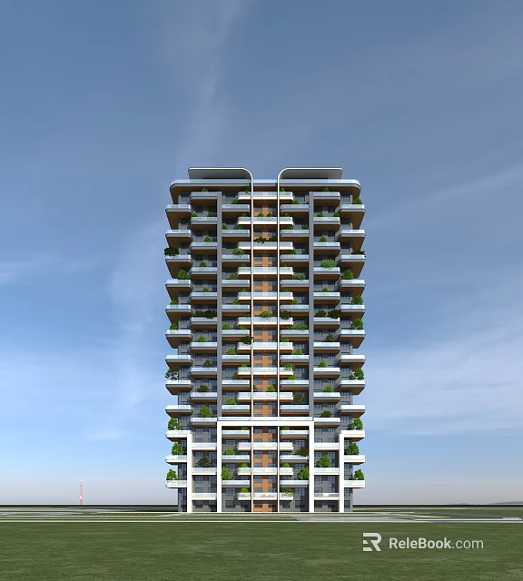 Modern High Rise Residential Building With Layered Design And Green Plants On Balconies 3d model 