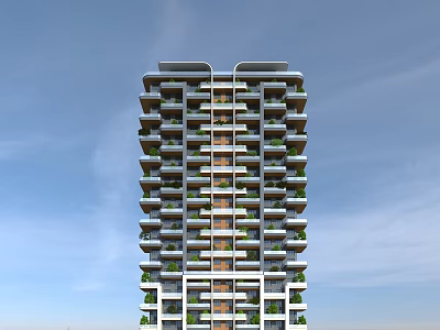 Modern High Rise Residential Building With Layered Design And Green Plants On Balconies 3d model