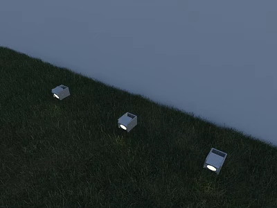 Three White Outdoor Lights Illuminated On Green Grass With Wall Background 3d model