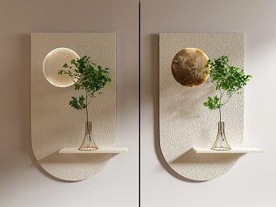 Stylish Wall Decor With Circular Accents Shelf And Green Plant 3d model
