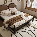 Elegant Double Bed with Brown Headboard Multiple Pillows and Blanket on Decorative Rug with Slippers