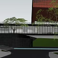 Modern Garden Landscape With High Rise Buildings Green Lawns Red Leaf Trees And Pedestrian Paths