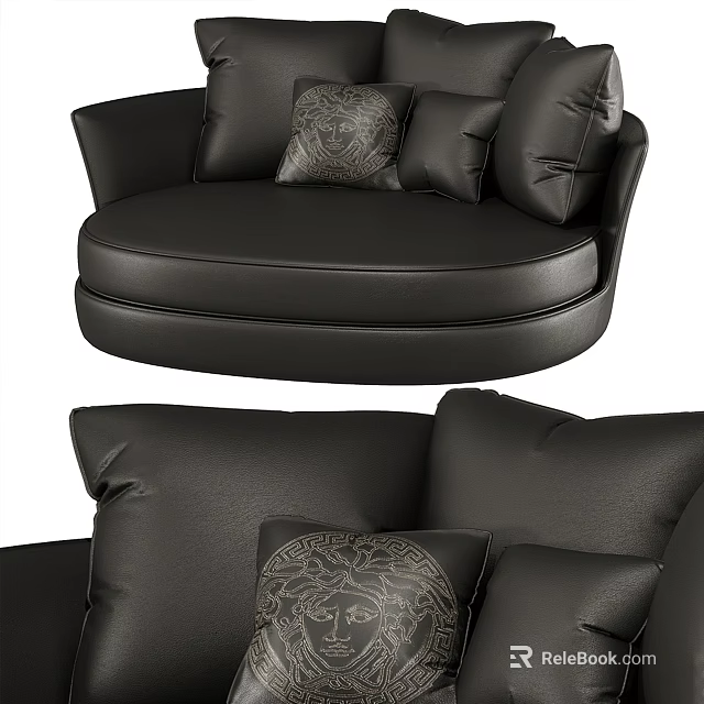 Black Leather Single Sofa With Modern Design And Patterned Decorative Pillows 3d model