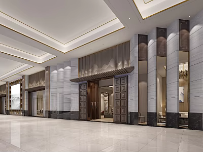 Luxurious Grand Lobby Interior With Marble Flooring Decorative Columns And Ceiling Design 3d model