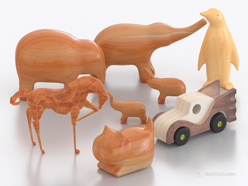 Wooden Animal Figurines And Car Model Decorative Ornament Collection Set For Home Decoration 3d model 