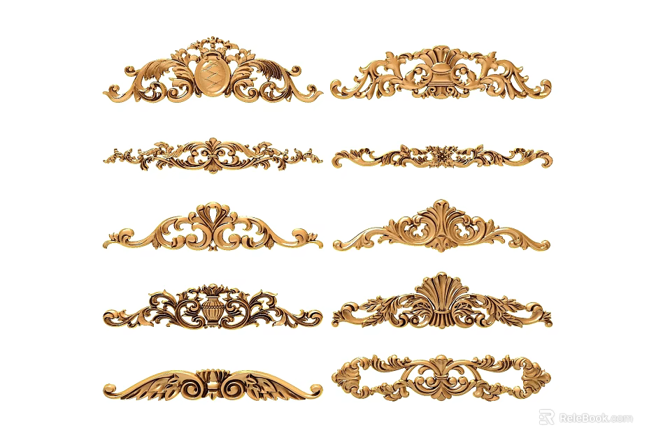Golden Carved Decorative Patterns Featuring Various Intricate Ornamental Designs 3d model