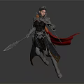 Fantasy Female Warrior In Silver Armor With Spear And Red Cape