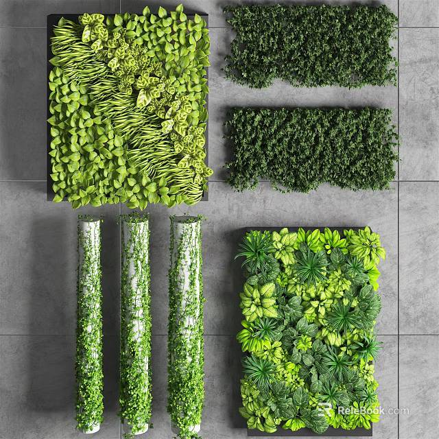 Creative Living Plant Wall Designs with Square Panels and Cylindrical Tubes for Vertical Garden Decor 3d model 