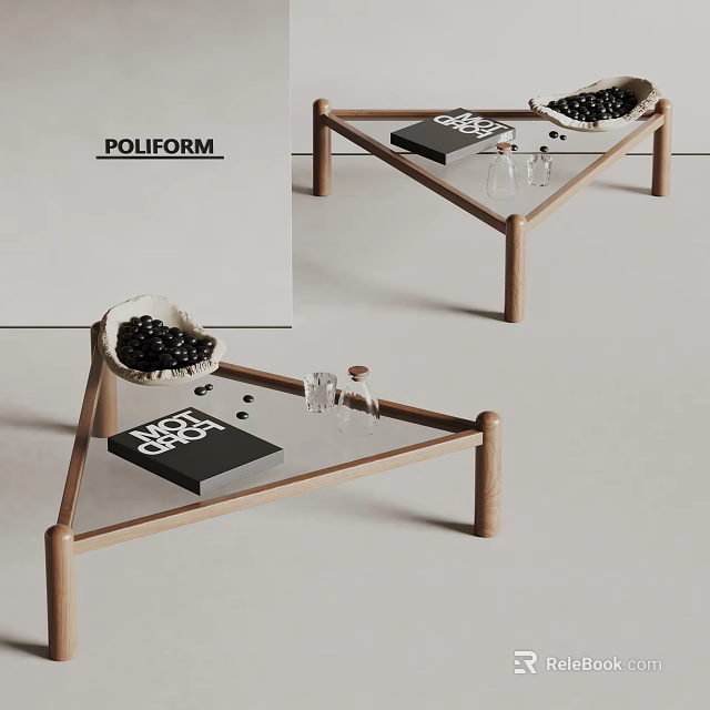 Modern Coffee Table With Wooden Frame Glass Top POLIFORM Book Glasses And Decorative Bowl 3d model 