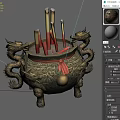 Garden Landscape Featuring Bronze Tripods Dragon Patterns Red Yellow Candles Dragon Shaped Handles