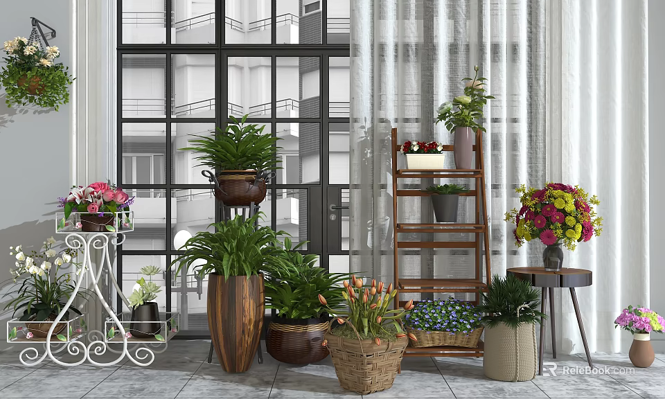 Indoor Potted Plants Decorative Display With Ladder Shelf Wicker Ceramic Wooden Planters By Window 3d model 