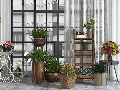 Indoor Potted Plants Decorative Display With Ladder Shelf Wicker Ceramic Wooden Planters By Window 3d model