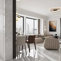 Modern Neutral Open Plan Living And Dining Room With Comfortable Sofas And Panoramic City View