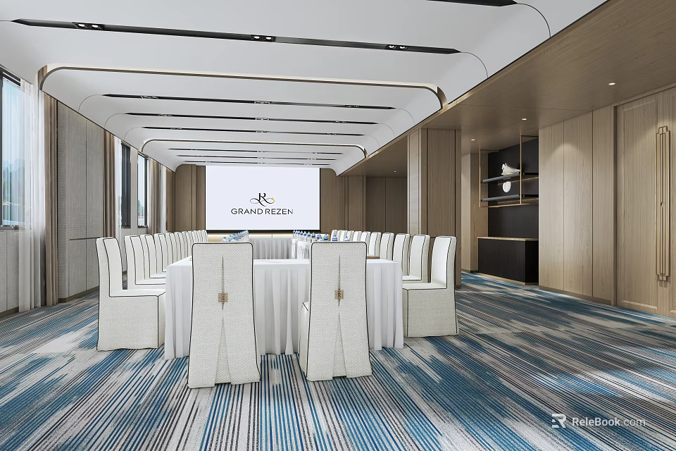 Office Meeting Room With Round Table White Chairs Projection Screen Wooden Walls Striped Carpet 3d model 