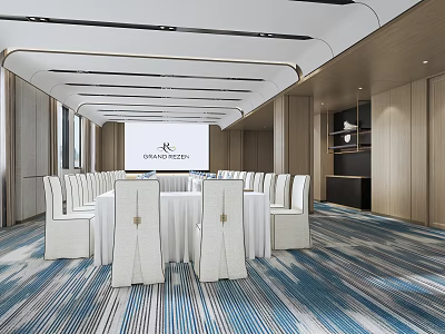Office Meeting Room With Round Table White Chairs Projection Screen Wooden Walls Striped Carpet 3d model
