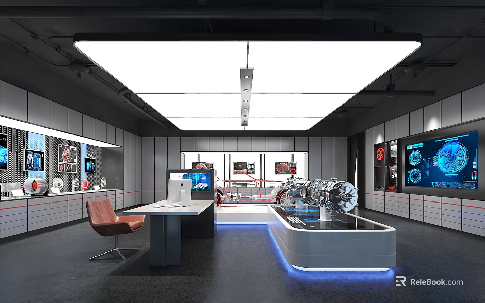 Modern Exhibition Hall Interior Design With Display Cabinets Engine Screens Desk And Chair 3d model 
