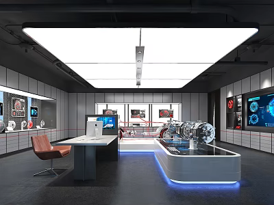 Modern Exhibition Hall Interior Design With Display Cabinets Engine Screens Desk And Chair 3d model