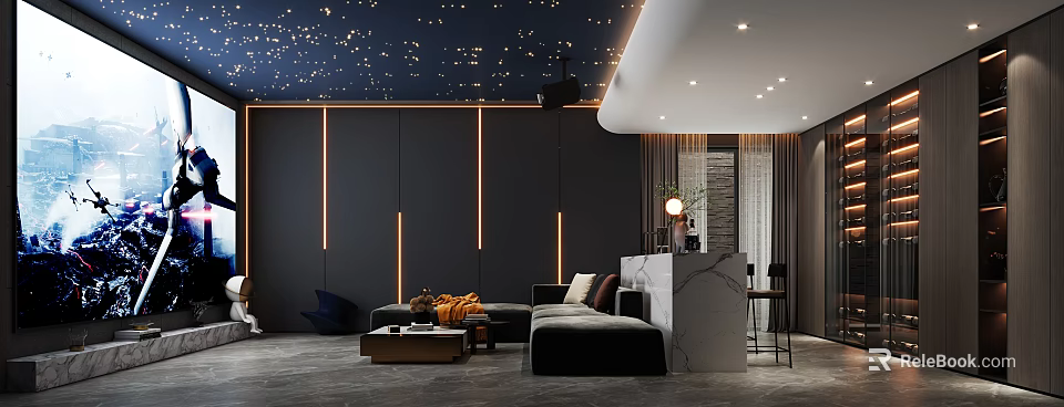 Modern Luxury Home Theater Interior With Starry Ceiling Dark Walls And Ambient Lighting 3d model 