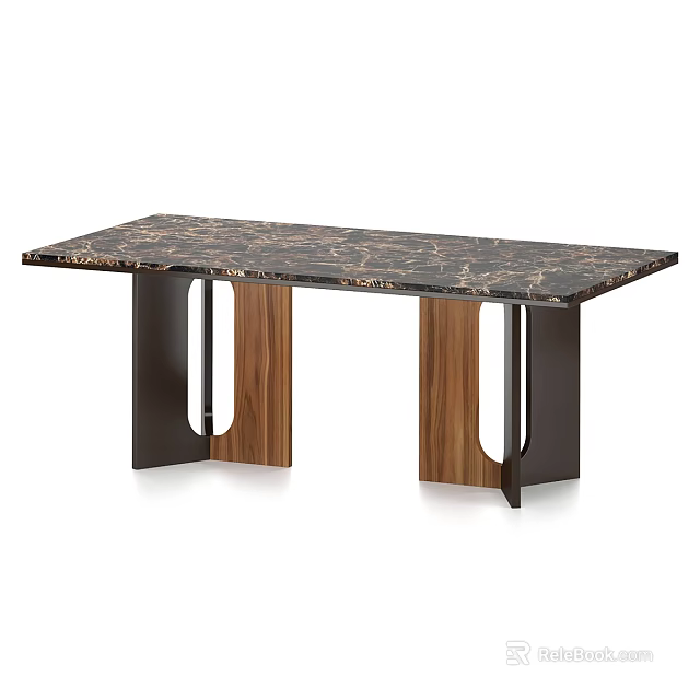 Modern Dining Table With Marble Top And Symmetric Wooden Geometric Support Legs 3d model 
