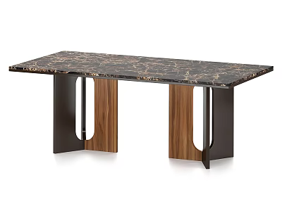 Modern Dining Table With Marble Top And Symmetric Wooden Geometric Support Legs 3d model