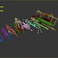 Modern Weapons Collection Featuring Assault Rifles Rocket Launchers and Colorful Designs