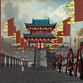 Ancient Chinese City Wall With Gray Stone Red Watchtowers Blue Tiled Roofs And Mountain Backdrop