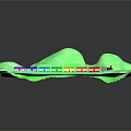 Colorful Train on Track in Green Mountain Terrain with Blue Water Area