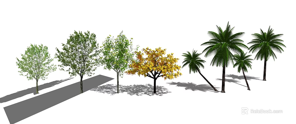 Various Arbor Tree Types Featuring Green Yellow Foliage and Palm Varieties 3d model 