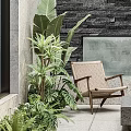 Modern Garden Design With Black Stone Wall Water Feature Wooden Chair And Lush Plants