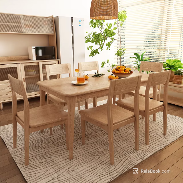 Simple Wooden Dining Table Set With Chairs Fruit Bowl Orange Juice And Bright Plants 3d model 
