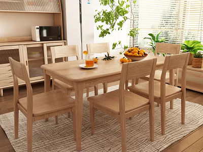 Simple Wooden Dining Table Set With Chairs Fruit Bowl Orange Juice And Bright Plants 3d model