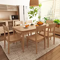 Simple Wooden Dining Table Set With Chairs Fruit Bowl Orange Juice And Bright Plants